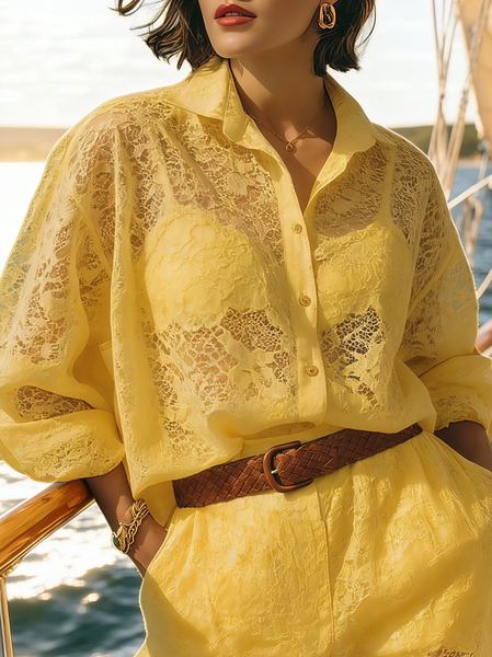 

Vacation Plain Buttoned Shirt Collar Shirt, Yellow, Blouses and Shirts