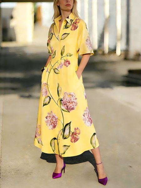 

Casual Floral Shirt Collar Midi Dress, Yellow, Maxi Dresses
