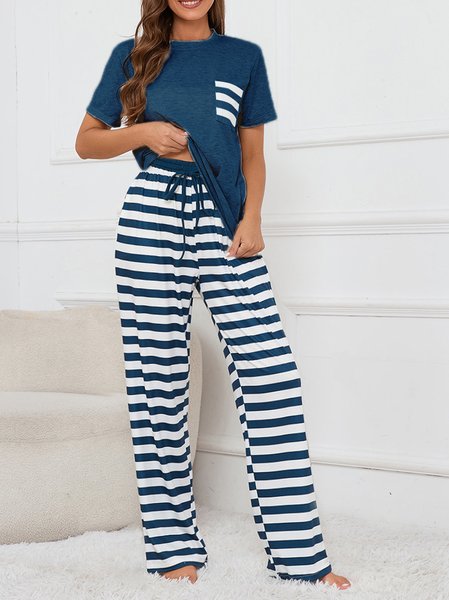 

Stripe Polyester Cotton Crew Neck Short Sleeve T-Shirt With Pants Casual Pajama Set, Dark_blue, Suits