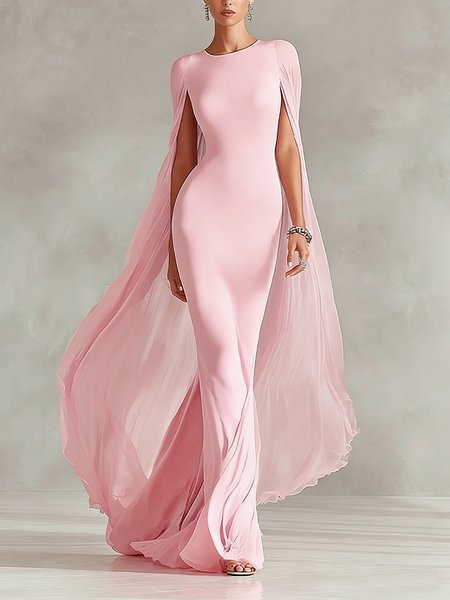 

Elegant Plain Split Joint Crew Neck Maxi Party Dress, Pink, Cocktail Dresses