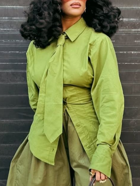

Cotton Casual Plain Buttoned Shirt With Tie, Green, Blouses and Shirts