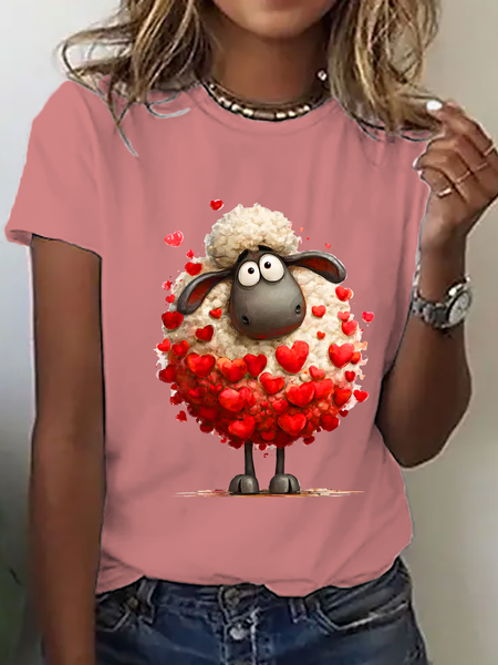 

Casual Valentine's Day Crew Neck Short Sleeve T-shirt, Orange pink, T-shirts