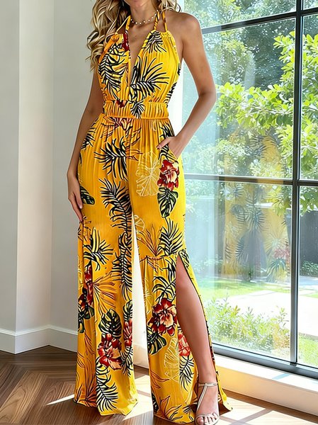 Women Tropical V Neck Sleeveless Casual Summer Jumpsuit