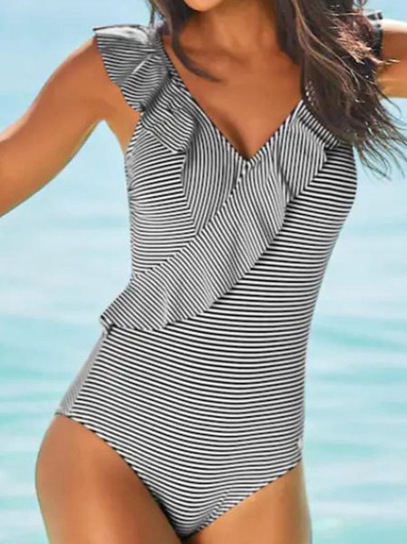 

Striped Vacation Casual Sports One-Piece Swimming Suit, Black-white, One-pieces