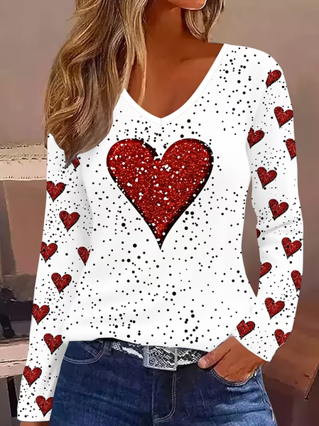 

Women Heart/Cordate Long Sleeve Tee T-shirt V Neck Printing Casual Graphic Tee Spring/Fall Top, White, T-Shirts