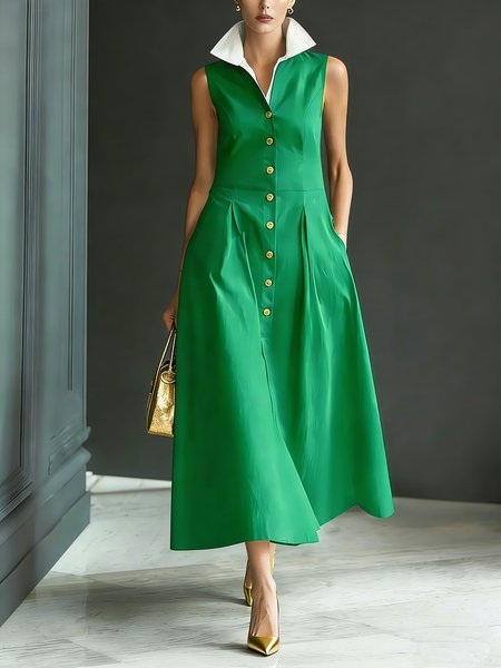 

Urban Color Block Split Joint Shawl Collar Midi Dress, Green, Midi Dresses
