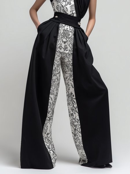 

Urban Random Print Split Joint Wide Leg Pants, Black-white, Pants