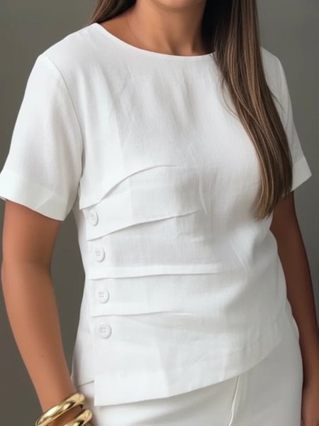 

Casual Plain Buttoned Ruched Crew Neck Blouse, White, Blouses & Shirts