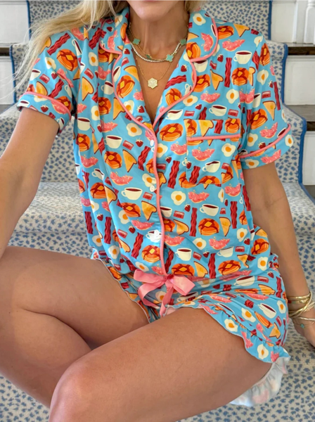 

Abstract Short Sleeve Shirt Shawl Collar With Shorts Casual Pajama Set, Blue, Sets