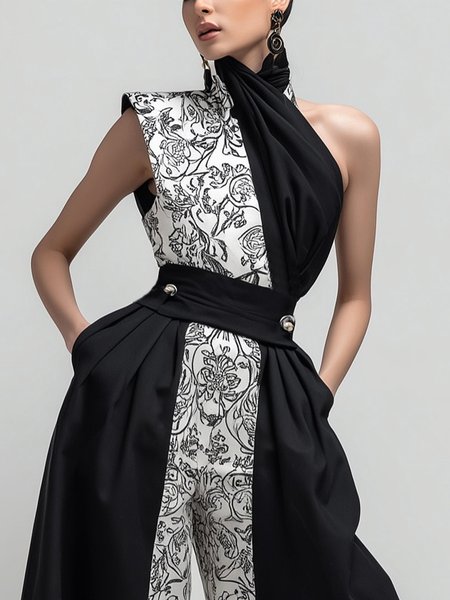 

Urban Color Block Split Joint Halter Tank Top, Black-white, Tanks and Camis