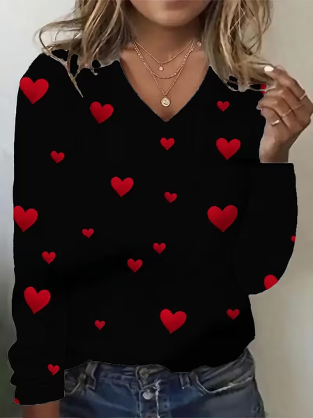 

Women Heart/Cordate Long Sleeve Tee T-shirt V Neck Printing Casual Graphic Tee Spring/Fall Top, Black, T-Shirts