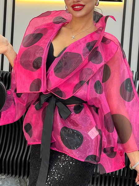 

Urban Printing Polka Dots Shawl Collar Kimono With Belt, Pink, Kimonos
