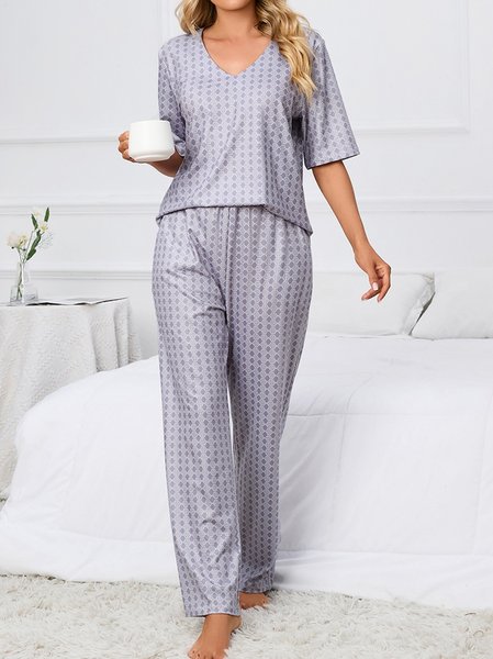 Simple Geometric Print Veck Top With Pants Casual Pajama Set