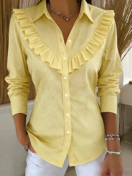 

Cotton Casual Plain Peplum Shirt Collar Shirt, Yellow, Blouses & Shirts