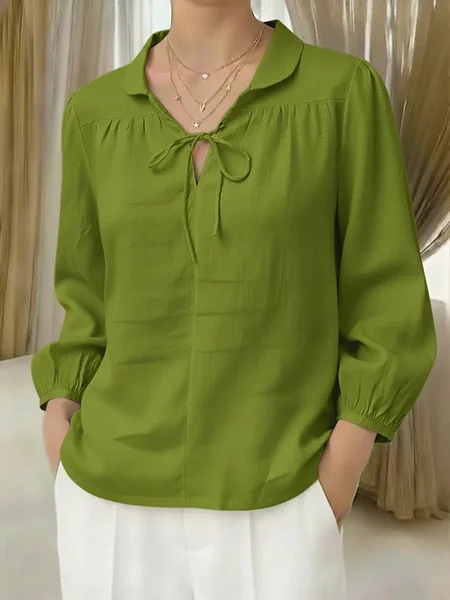 Shirt Collar Long Sleeve Plain Regular Loose Blouse For Women