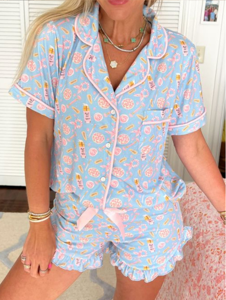 Abstract Shawl Collar Short Sleeve Shirt With Shorts Casual  Pajama Set