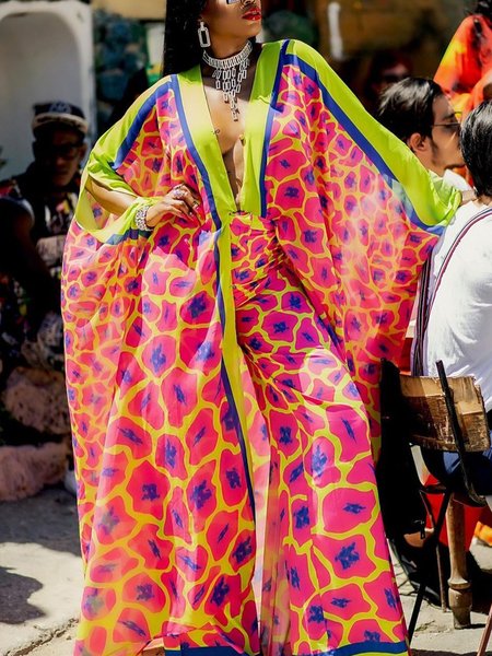 

Vacation Raglan Sleeves Printing Floral V Neck Kimono, As picture, Kimonos