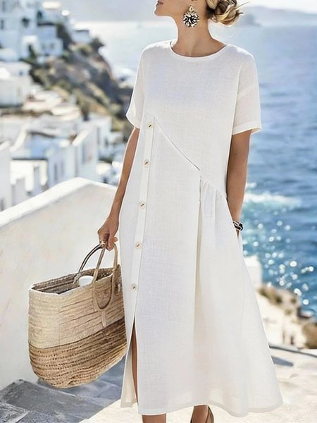

Casual Plain Buttoned Crew Neck Midi Dress, White, Maxi Dresses
