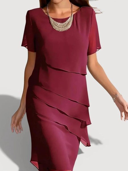 

Women Plain Summer Dress Crew Neck Short Sleeve Ruffle Skirt H-Line Dress, Wine red, Dresses