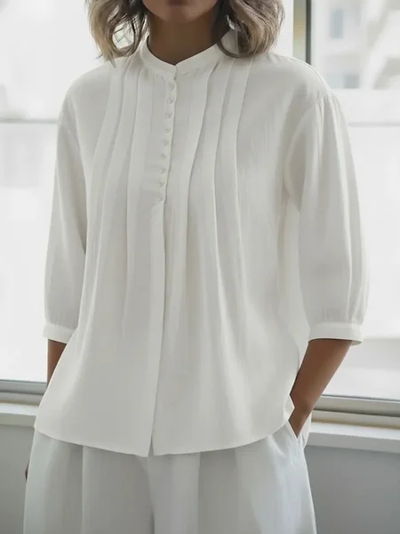 

Cotton Casual Plain Ruched Stand Collar Shirt, White, Blouses & Shirts