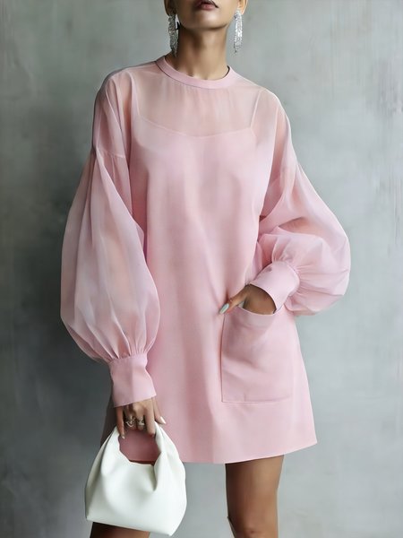 

Urban Plain Balloon Sleeve Crew Neck Mini Dress, Pink, Mini Dresses