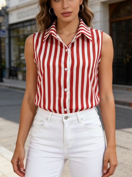 Polo Collar Sleeveless Striped Regular Regular Fit Shirt For Women