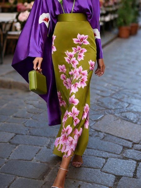 

Elegant Printing Floral Maxi Skirt, As picture, Skirts