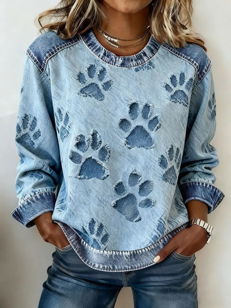 

Women Dog Crew Neck Printing Vintage Spring/Fall Long Sleeve Sweatshirt, Blue, Sweatshirts & Hoodies