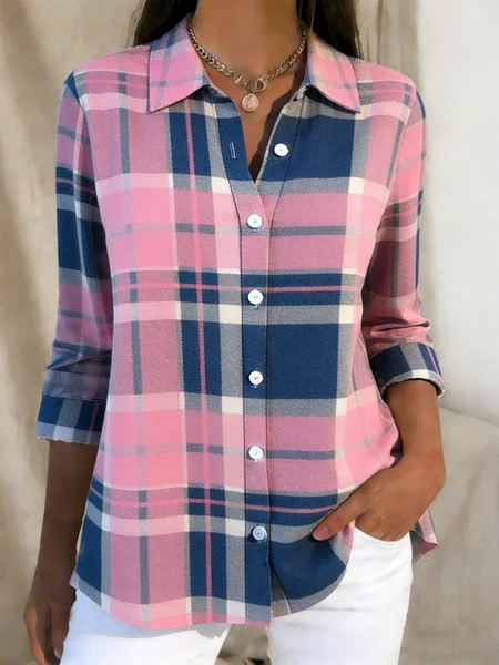 

Shirt Collar Long Sleeve Geometric Regular Loose Shirt For Women, Pink, Shirts