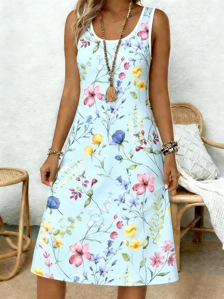 

Women Floral Summer Dress Crew Neck Sleeveless Tank A-Line Dress, Blue, Dresses