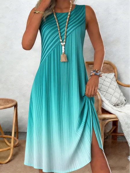 Women Gradient Pattern Summer Dress Crew Neck Sleeveless Tank A-Line Dress