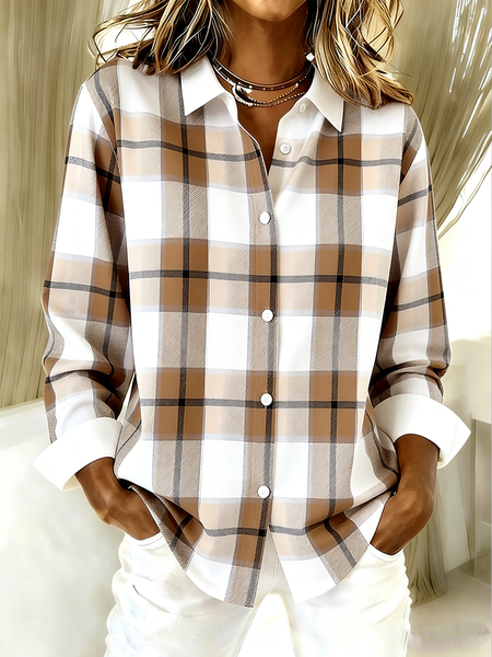 

Shirt Collar Long Sleeve Plaid Regular Loose Shirt For Women, Brown, Shirts