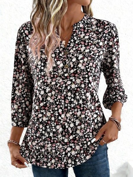 Elegant Ditsy Floral V Neck Three Quarter Sleeve T-shirt