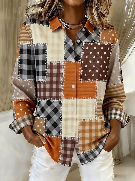 

Shirt Collar Regular Sleeve Long Sleeve Abstract Buckle Regular Loose Button Up Shirt Shirt For Women, Orange, Shirts