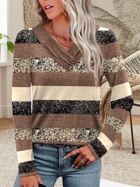 

Casual Striped V Neck Long Sleeve T-shirt, Brown, T-shirts