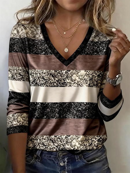 

Casual Striped V Neck Long Sleeve T-shirt, Brown, T-shirts