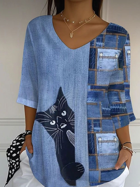 

Women Cat Three Quarter Sleeve Tee T-shirt V Neck Printing Casual Graphic Tee Spring/Fall Top, Blue, T-Shirts