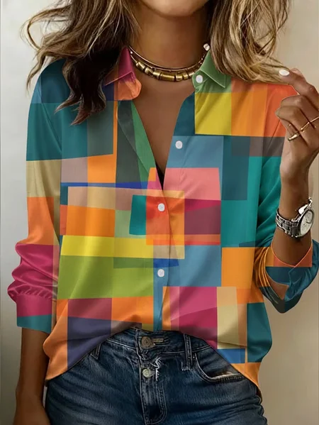 

Shawl Collar Long Sleeve Abstract Regular Micro-Elasticity Regular Fit Button Up Shirt Shirt For Women, As picture, Shirts