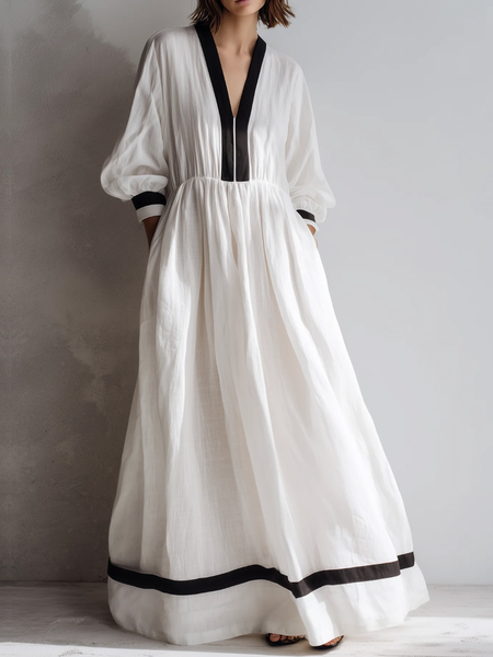 

Cotton Urban Color Block V Neck Maxi Dress, White, Maxi Dresses