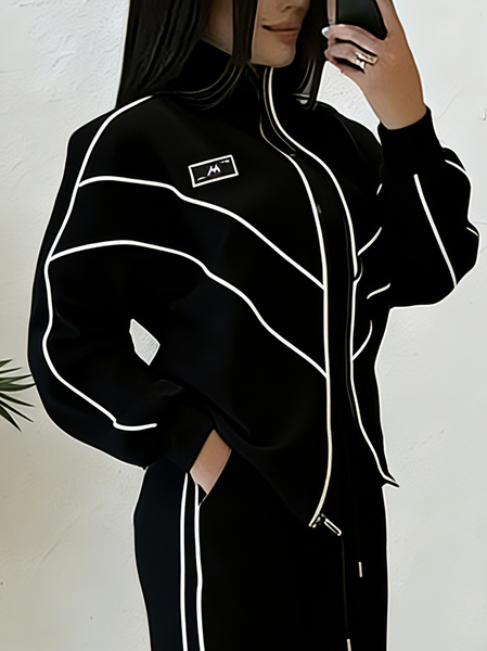 

Casual Color Block Blazer Loose Stand Collar H-Line Daily Jacket, Black, Jackets