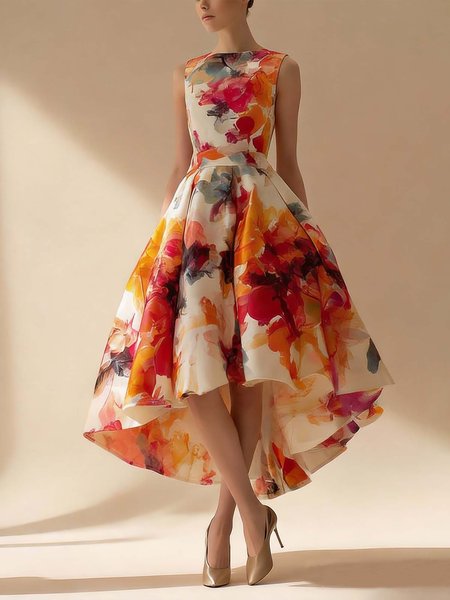 

Elegant Random Print Printing Crew Neck Midi Party Dress, As picture, Cocktail Dresses