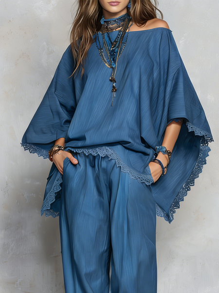 

Casual Plain Boat Neck Faux Denim Top, Blue, Tops