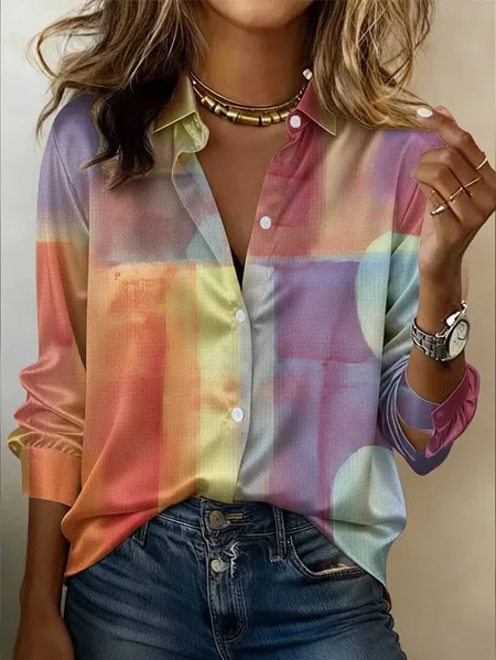 Shawl Collar Long Sleeve Abstract Regular Micro-Elasticity Regular Fit Button Up Shirt Shirt For Women