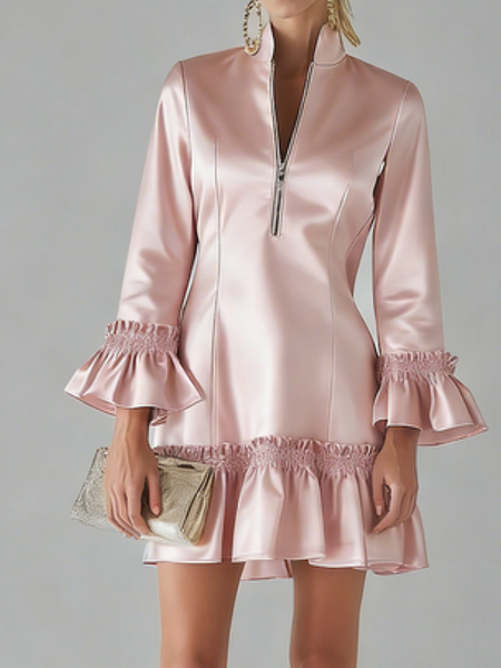 

Elegant Plain Stand Collar Mini Dress, Pink, Mini Dresses