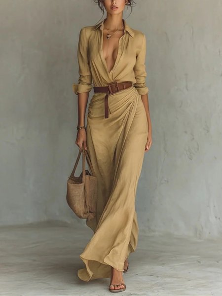 

Casual Plain Ruched Shirt Collar Maxi Dress No Belt, As picture, Maxi Dresses