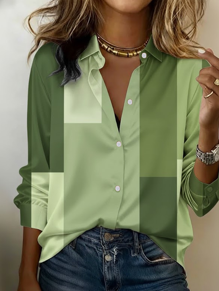 

Shawl Collar Long Sleeve Abstract Regular Micro-Elasticity Regular Fit Button Up Shirt Shirt For Women, Green, Shirts