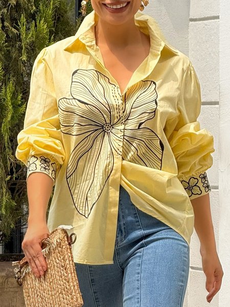 

Urban Floral Printing Shirt Collar Shirt, Yellow, Blouses and Shirts