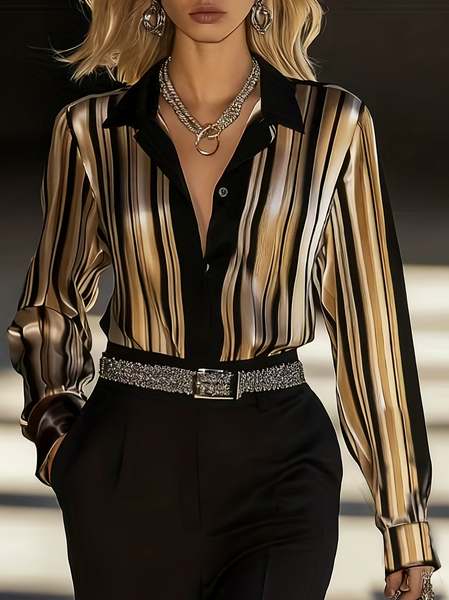 

Shawl Collar Long Sleeve Striped Regular Micro-Elasticity Regular Fit Button Up Shirt Shirt For Women, As picture, Shirts