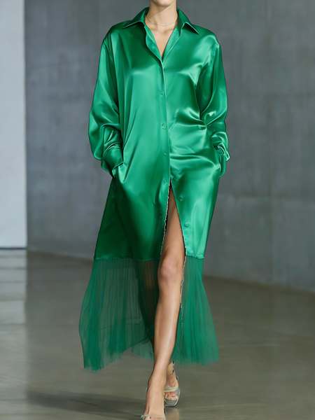 

Urban Plain Shirt Collar Maxi Dress, Green, Midi Dresses