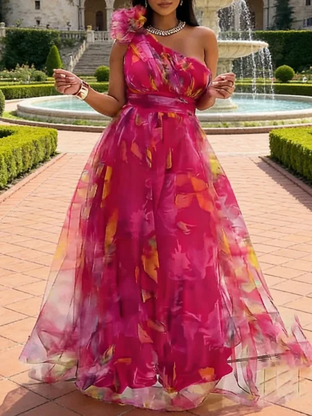 Elegant Floral Printing 3D Floral One Shoulder Maxi Dress